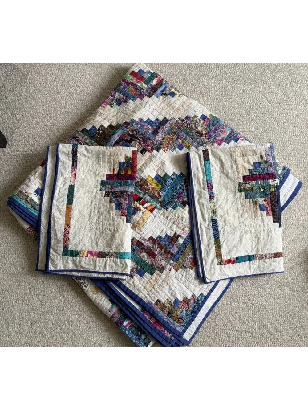 King 3pc Vintage Log Cabin Quilt Set Hand Quilted Scrappy Patchwork Shams 98x98